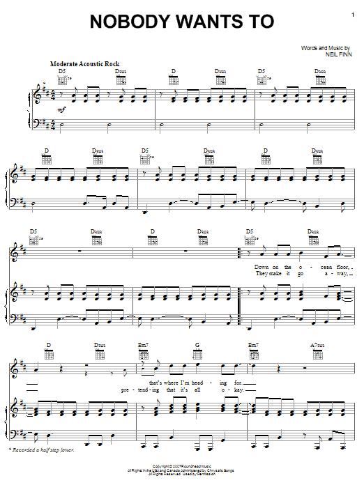 Crowded House Nobody Wants To sheet music notes and chords arranged for Piano, Vocal & Guitar Chords (Right-Hand Melody)