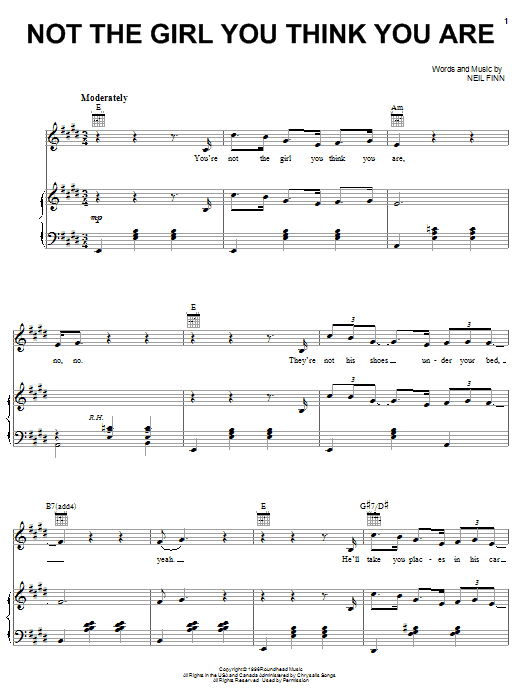 Crowded House Not The Girl You Think You Are sheet music notes and chords arranged for Piano, Vocal & Guitar Chords (Right-Hand Melody)