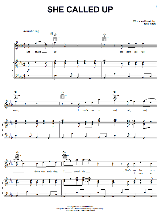 Crowded House She Called Up sheet music notes and chords arranged for Piano, Vocal & Guitar Chords (Right-Hand Melody)