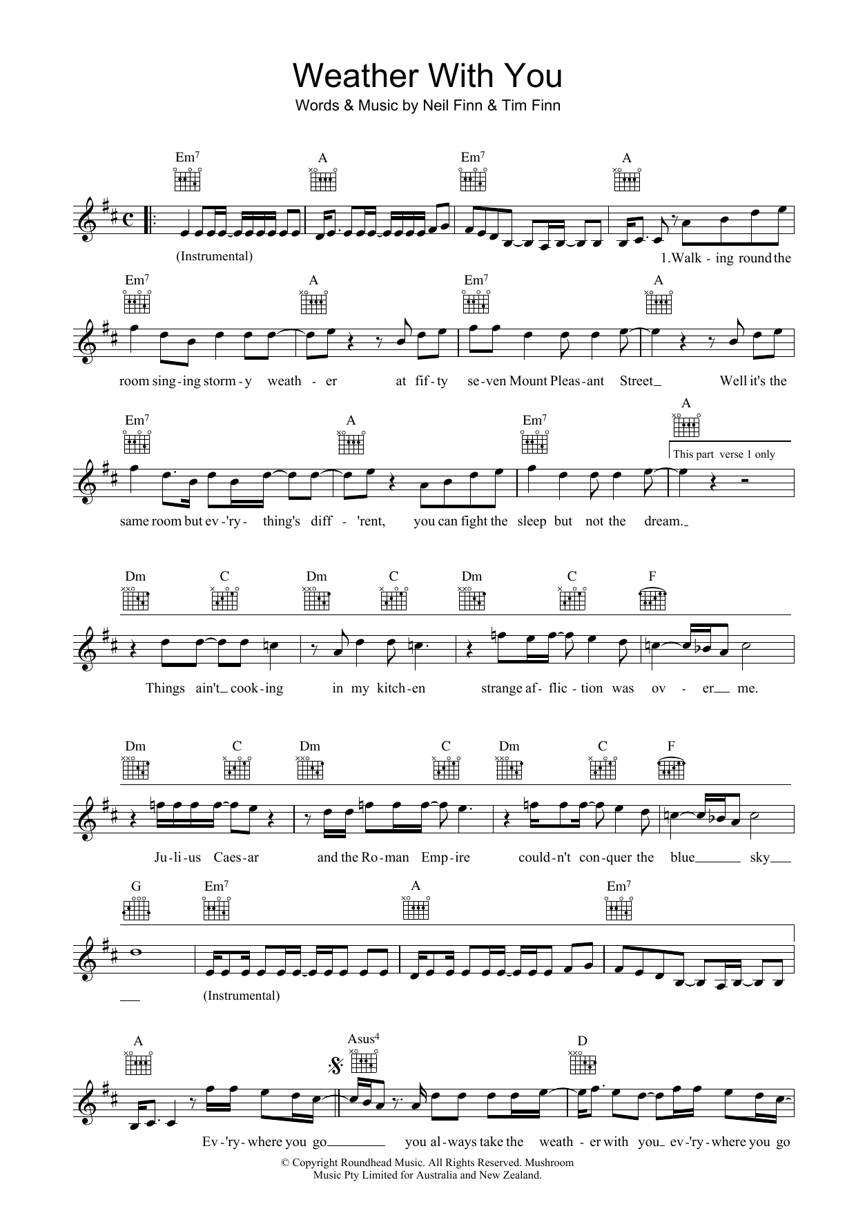 Crowded House Weather With You sheet music notes and chords arranged for Piano, Vocal & Guitar Chords (Right-Hand Melody)