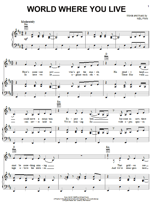 Crowded House World Where You Live sheet music notes and chords arranged for Piano, Vocal & Guitar Chords (Right-Hand Melody)