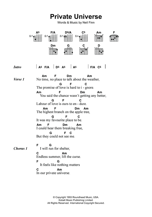 Crowded House Private Universe sheet music notes and chords arranged for Guitar Chords/Lyrics