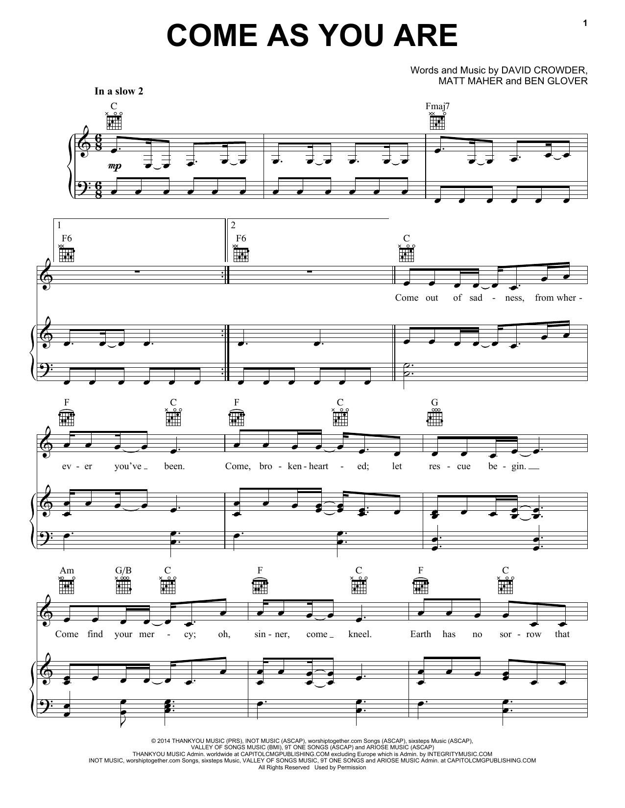 Crowder Come As You Are sheet music notes and chords arranged for Easy Piano