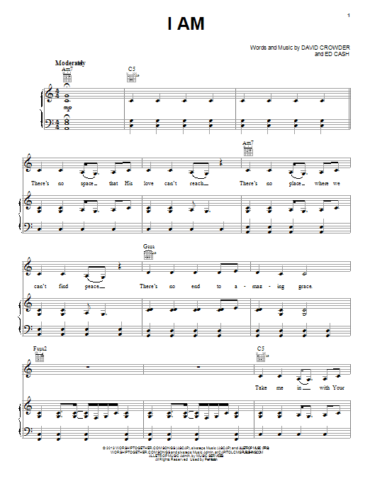 Crowder I Am sheet music notes and chords arranged for Piano, Vocal & Guitar Chords (Right-Hand Melody)