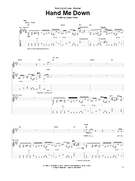 Cry Of Love Hand Me Down sheet music notes and chords arranged for Guitar Tab