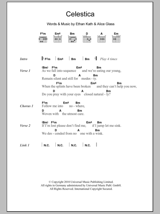Crystal Castles Celestica sheet music notes and chords arranged for Guitar Chords/Lyrics