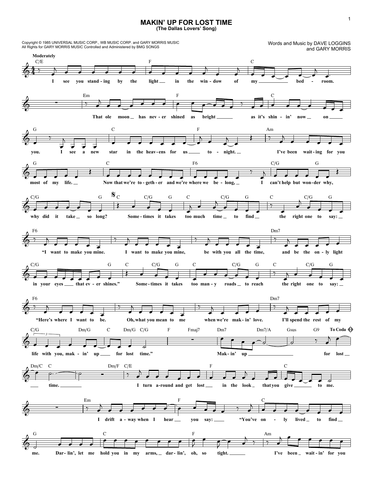 Crystal Gayle & Gary Morris Makin' Up For Lost Time (The Dallas Lovers' Song) sheet music notes and chords arranged for Lead Sheet / Fake Book