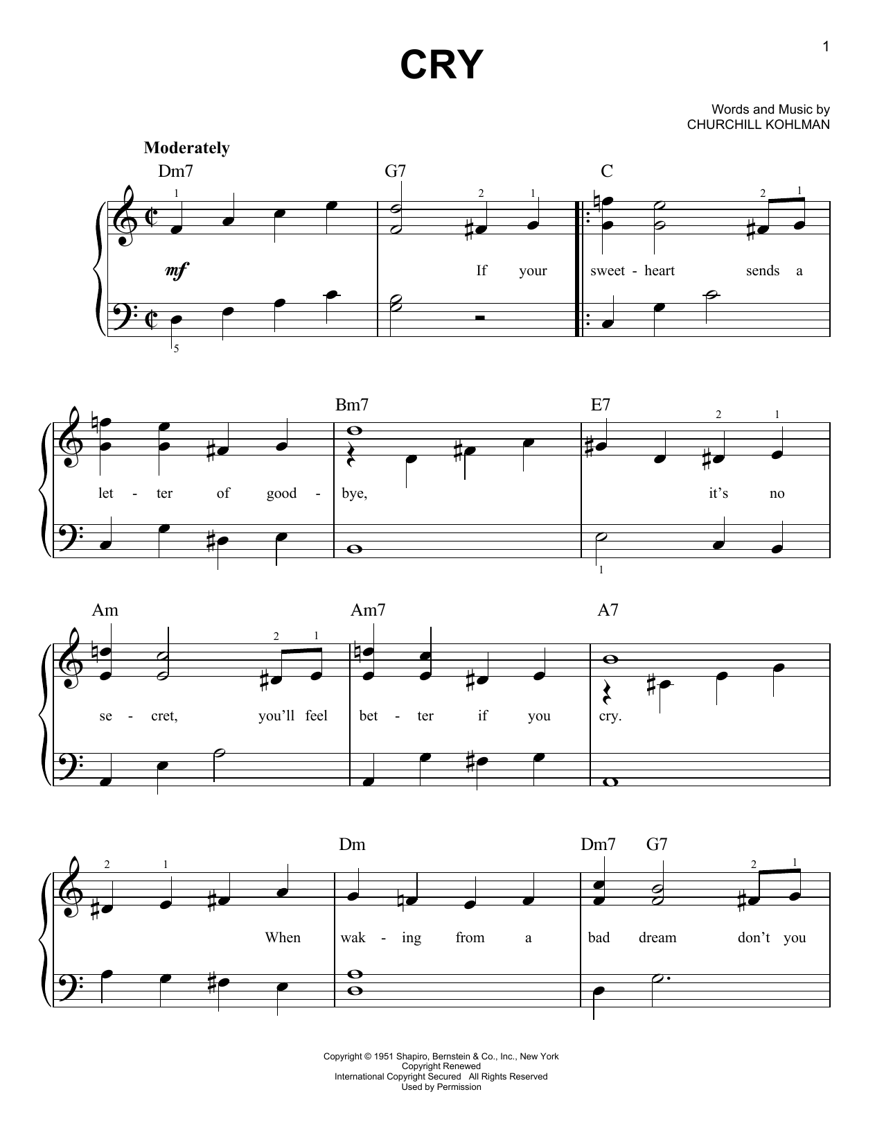 Crystal Gayle Cry sheet music notes and chords arranged for Easy Piano