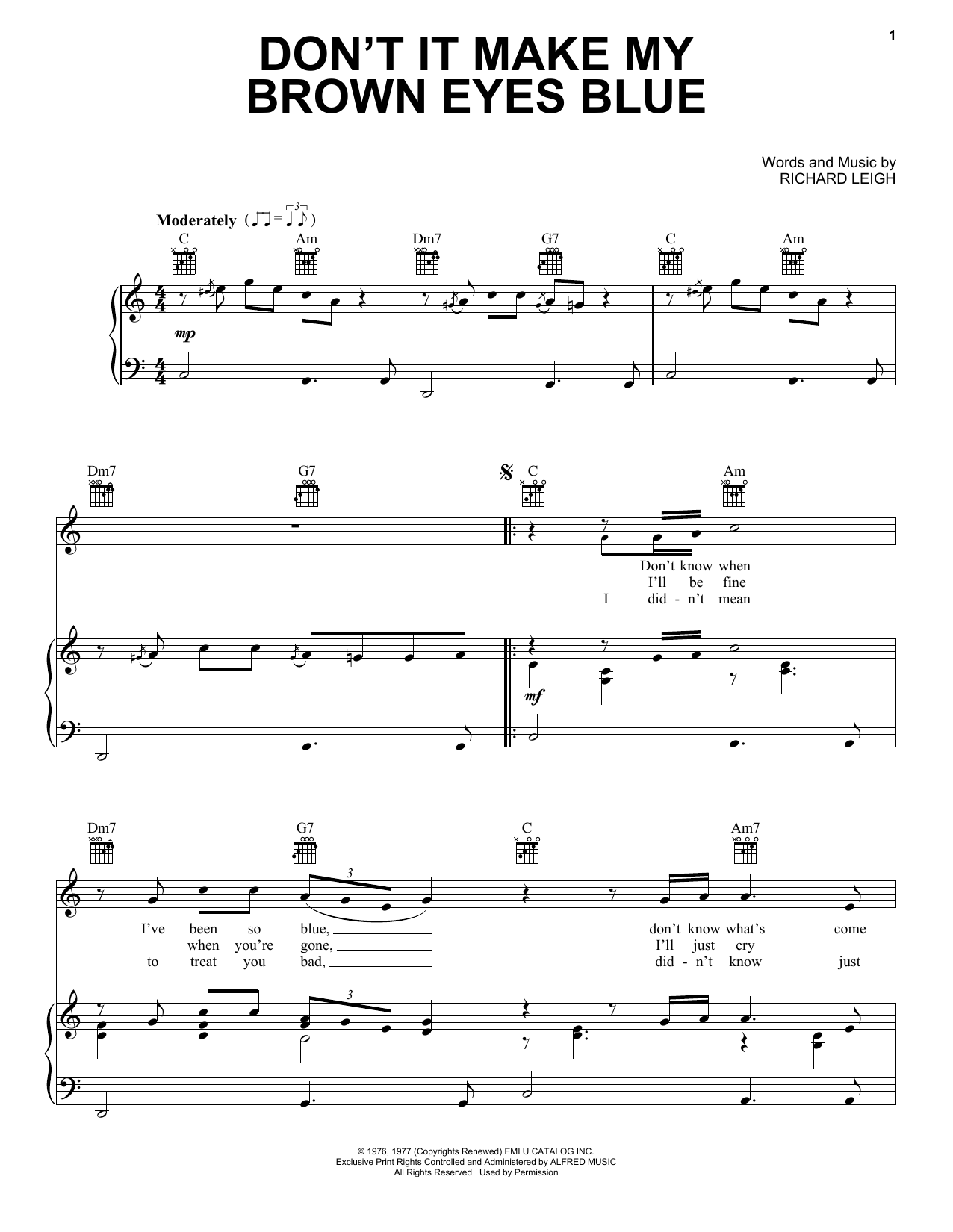 Crystal Gayle Don't It Make My Brown Eyes Blue sheet music notes and chords arranged for Piano, Vocal & Guitar Chords (Right-Hand Melody)