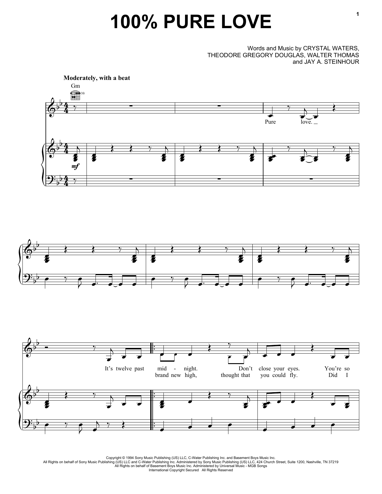 Crystal Waters 100% Pure Love sheet music notes and chords arranged for Piano, Vocal & Guitar Chords (Right-Hand Melody)