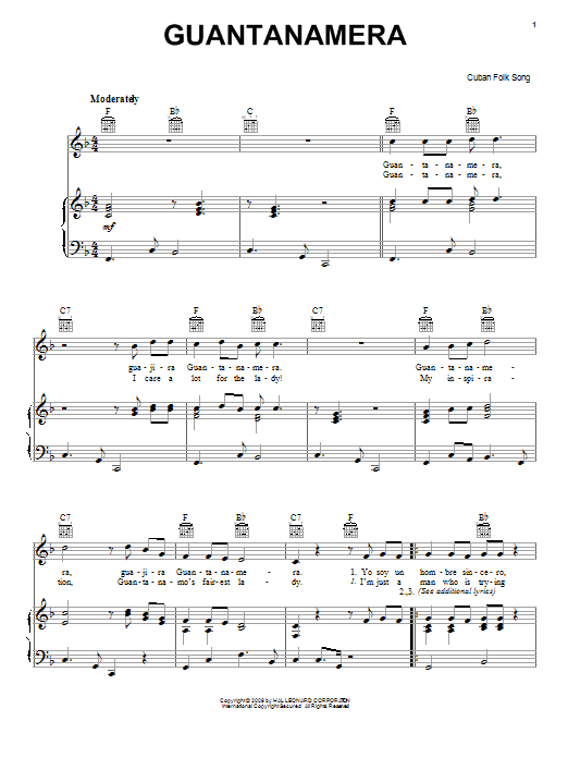 Cuban Folksong Guantanamera sheet music notes and chords arranged for Piano, Vocal & Guitar Chords (Right-Hand Melody)