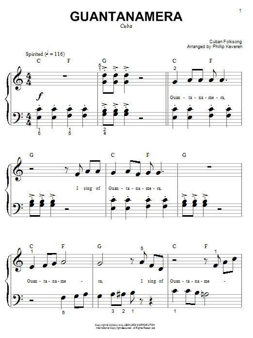 Cuban Folksong Guantanamera (arr. Phillip Keveren) sheet music notes and chords arranged for Big Note Piano