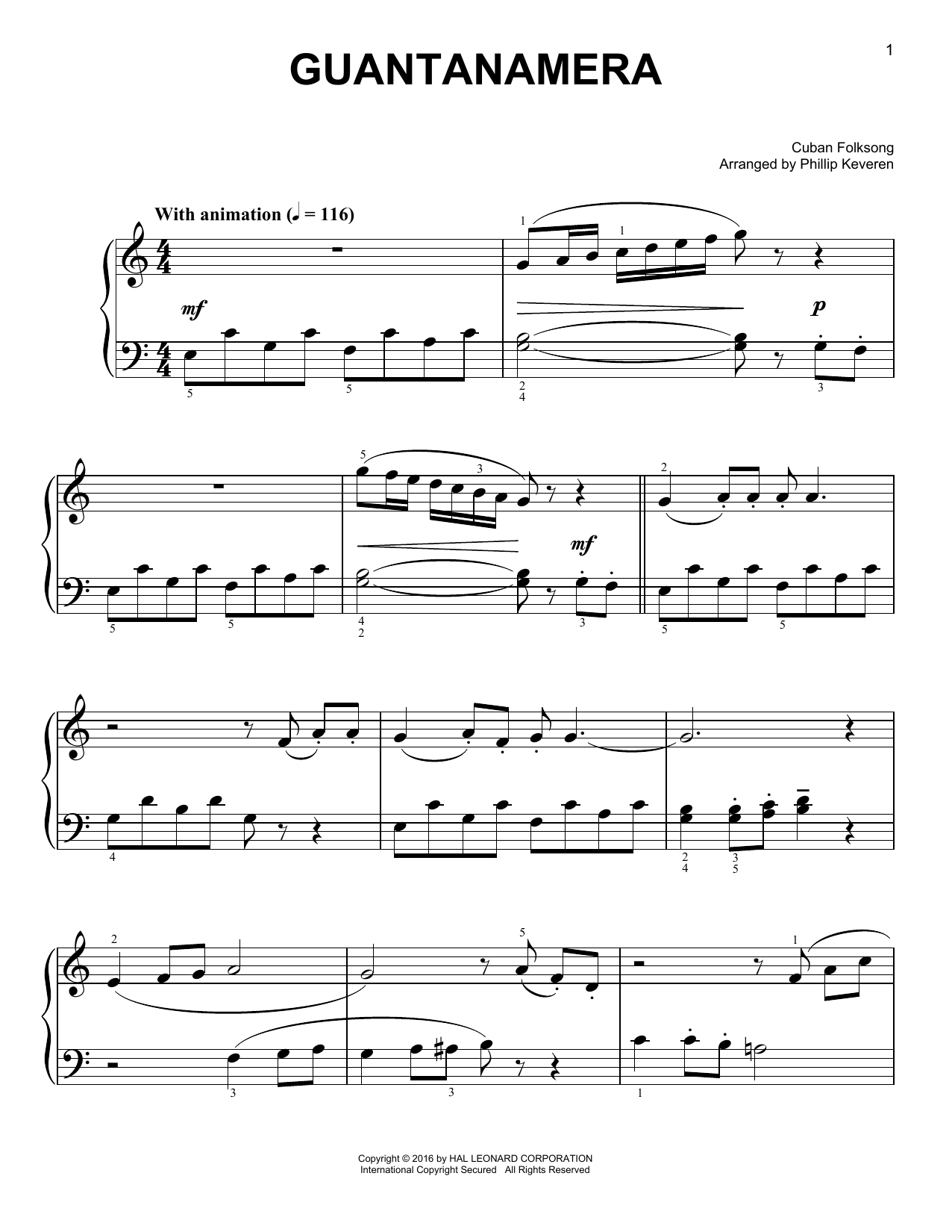 Cuban Folksong Guantanamera sheet music notes and chords arranged for Easy Piano