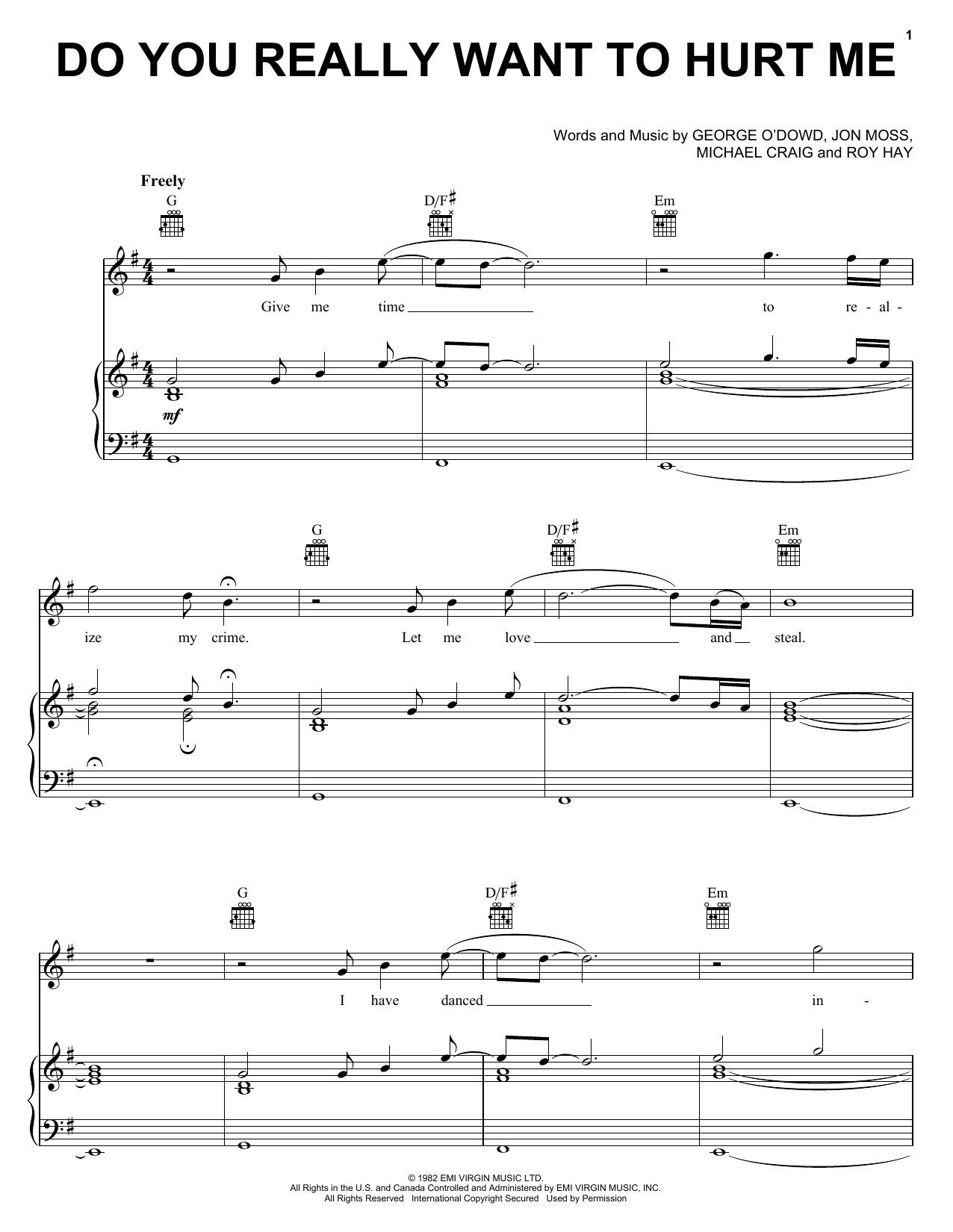 Culture Club Do You Really Want To Hurt Me sheet music notes and chords arranged for Piano, Vocal & Guitar Chords (Right-Hand Melody)