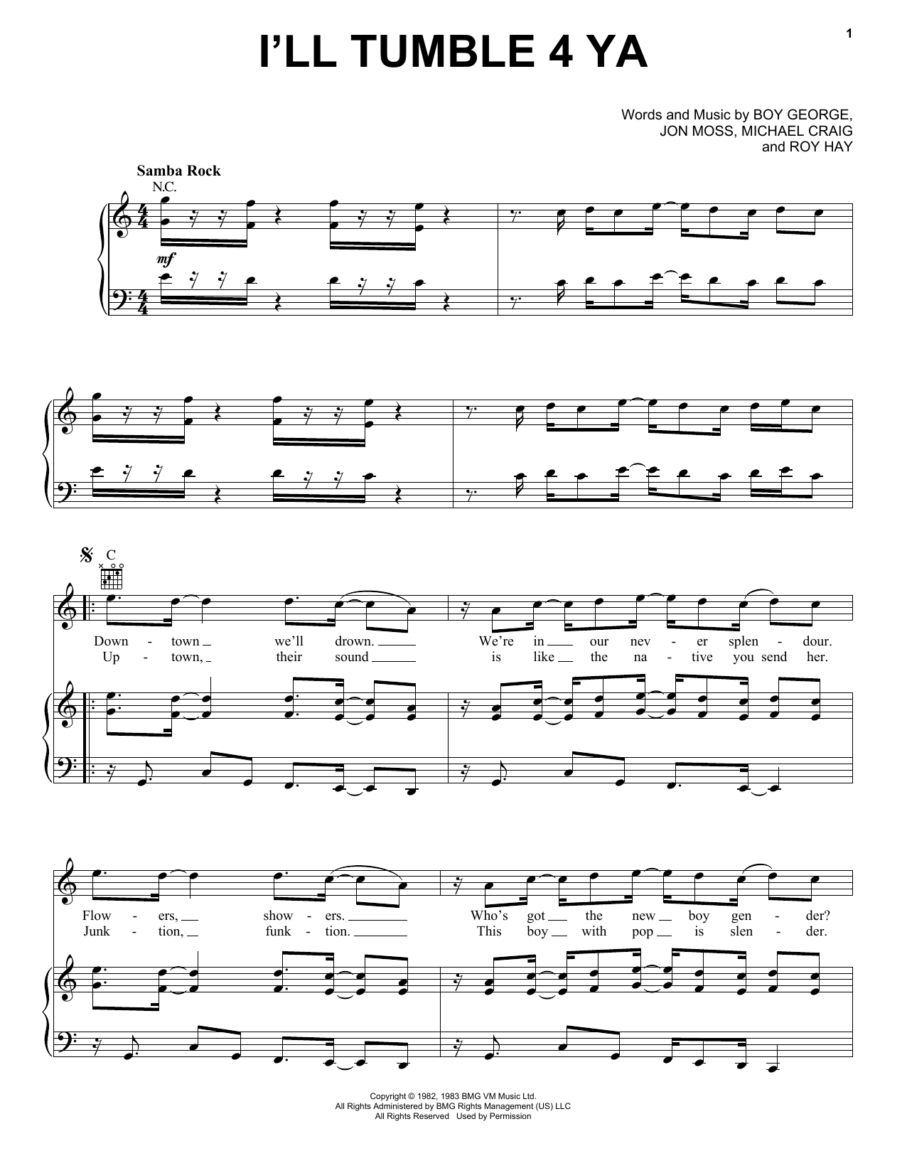 Culture Club I'll Tumble 4 Ya sheet music notes and chords arranged for Piano, Vocal & Guitar Chords (Right-Hand Melody)