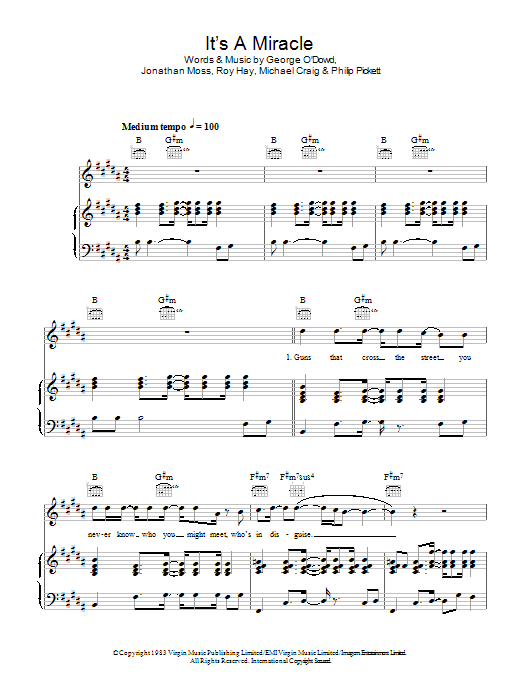 Culture Club It's A Miracle sheet music notes and chords arranged for Piano, Vocal & Guitar Chords
