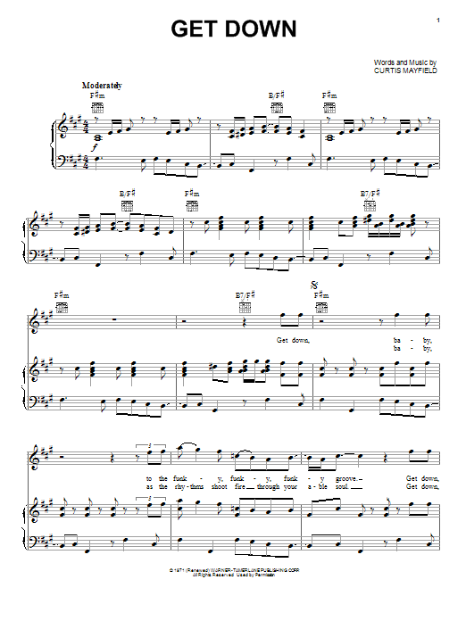 Curtis Mayfield Get Down sheet music notes and chords arranged for Piano, Vocal & Guitar Chords (Right-Hand Melody)