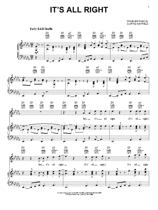 Curtis Mayfield It's All Right sheet music notes and chords arranged for Piano, Vocal & Guitar Chords (Right-Hand Melody)