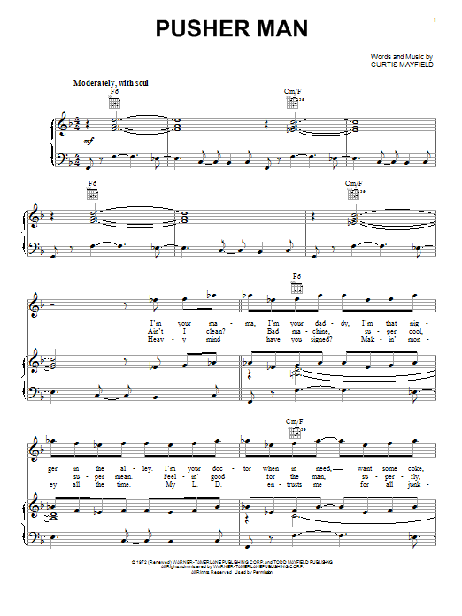 Curtis Mayfield Pusher Man sheet music notes and chords arranged for Piano, Vocal & Guitar Chords (Right-Hand Melody)