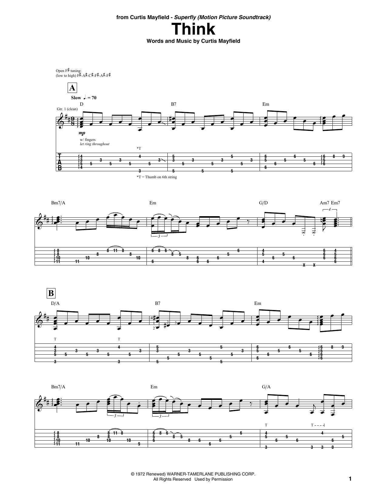 Curtis Mayfield Think sheet music notes and chords arranged for Guitar Tab