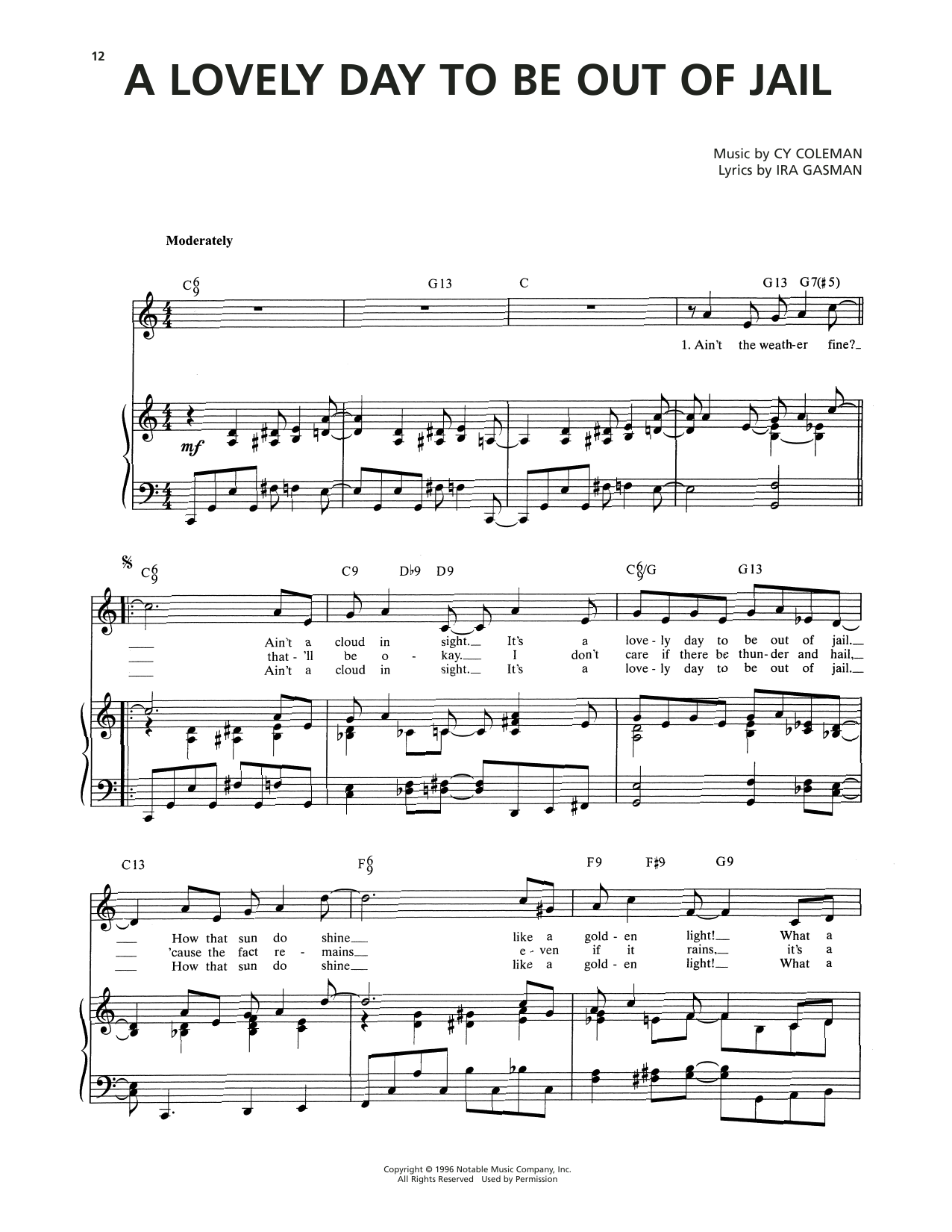 Cy Coleman A Lovely Day To Be Out Of Jail (from The Life) sheet music notes and chords arranged for Piano & Vocal