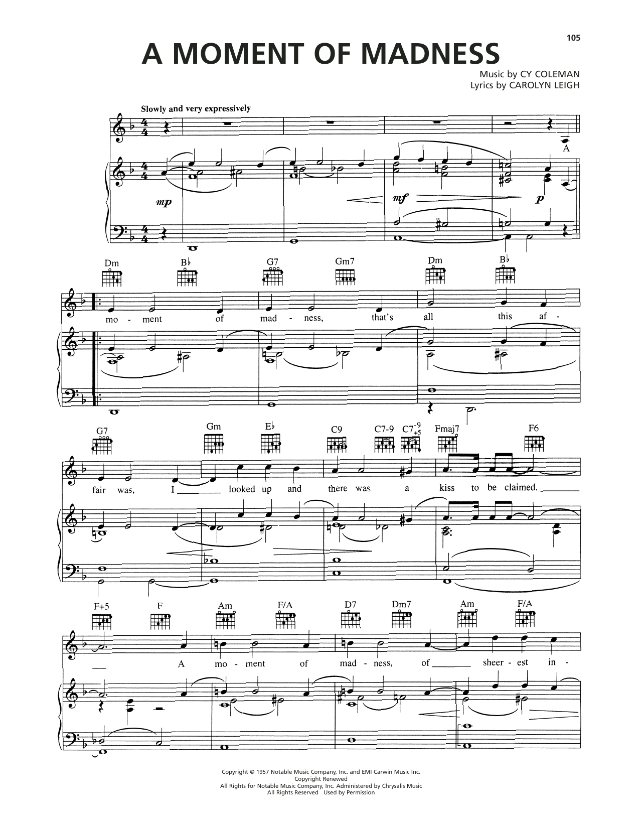 Cy Coleman A Moment Of Madness sheet music notes and chords arranged for Piano, Vocal & Guitar Chords (Right-Hand Melody)