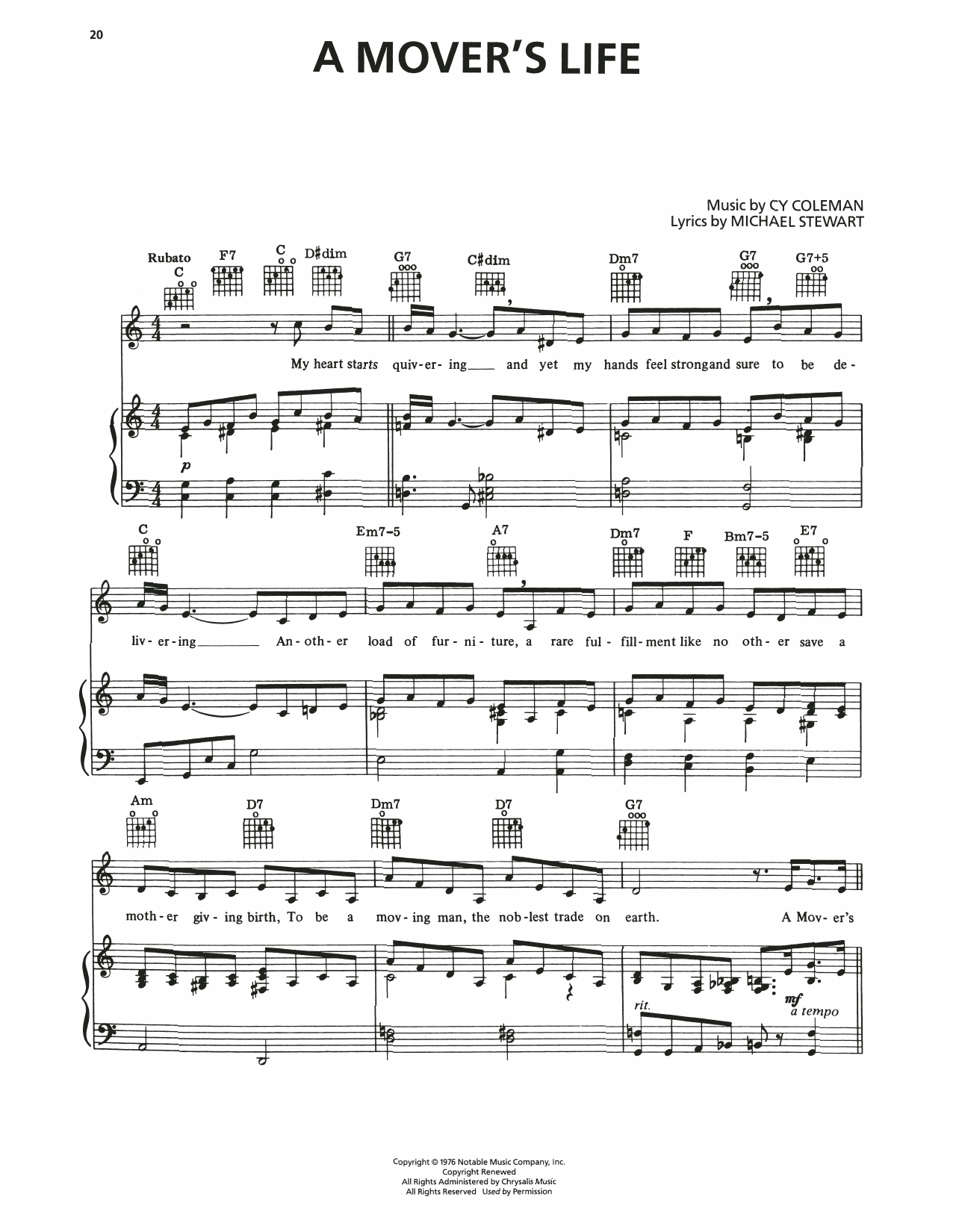 Cy Coleman A Mover's Life (from I Love My Wife) sheet music notes and chords arranged for Piano, Vocal & Guitar Chords (Right-Hand Melody)
