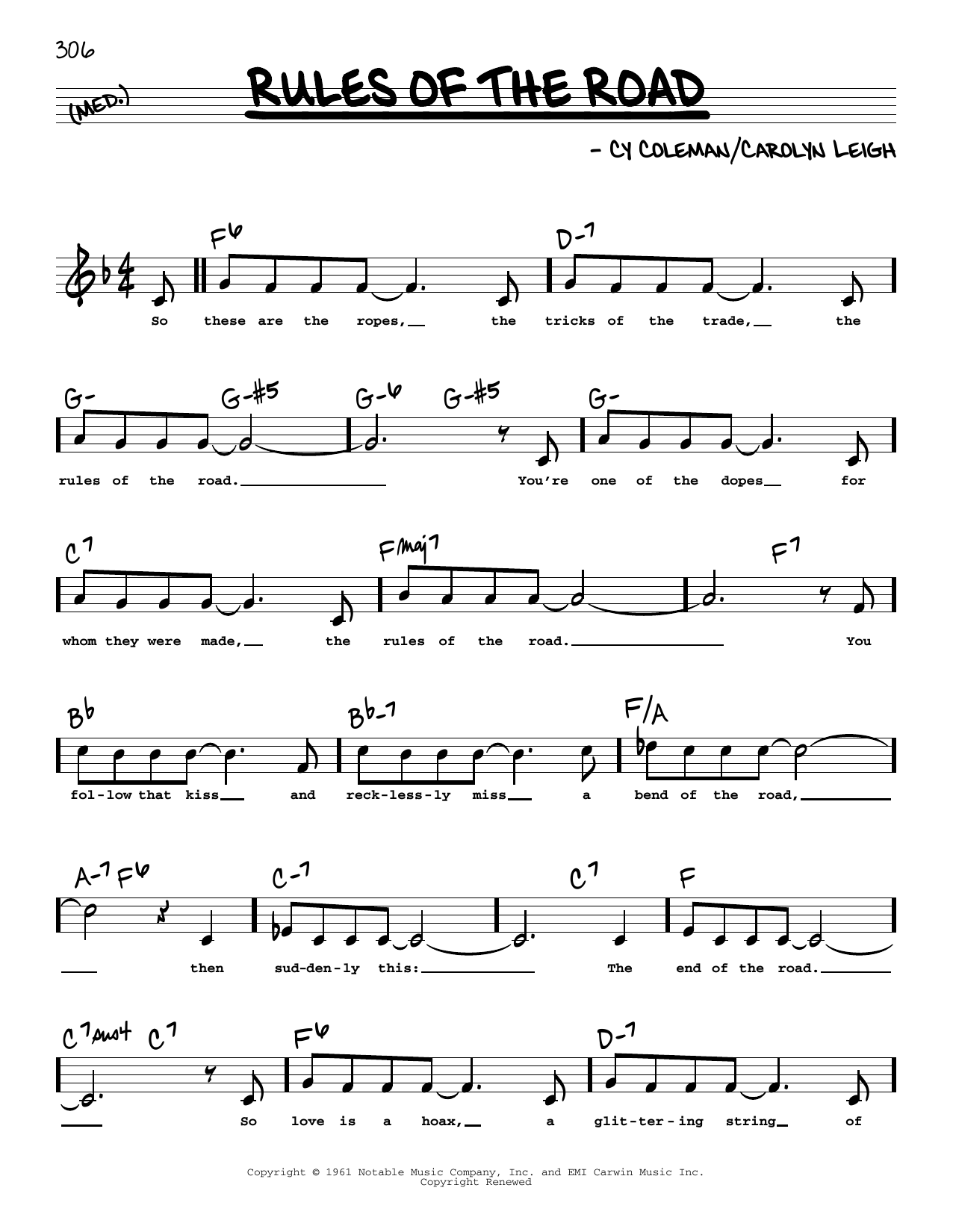 Cy Coleman and Carolyn Leigh Rules Of The Road (High Voice) sheet music notes and chords arranged for Real Book – Melody, Lyrics & Chords