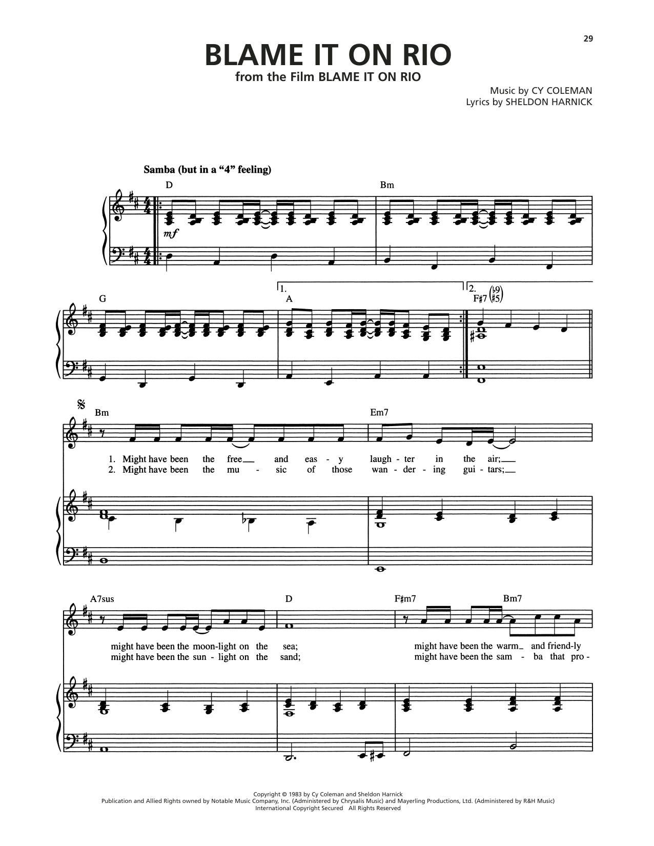 Cy Coleman Blame It On Rio sheet music notes and chords arranged for Piano, Vocal & Guitar Chords (Right-Hand Melody)
