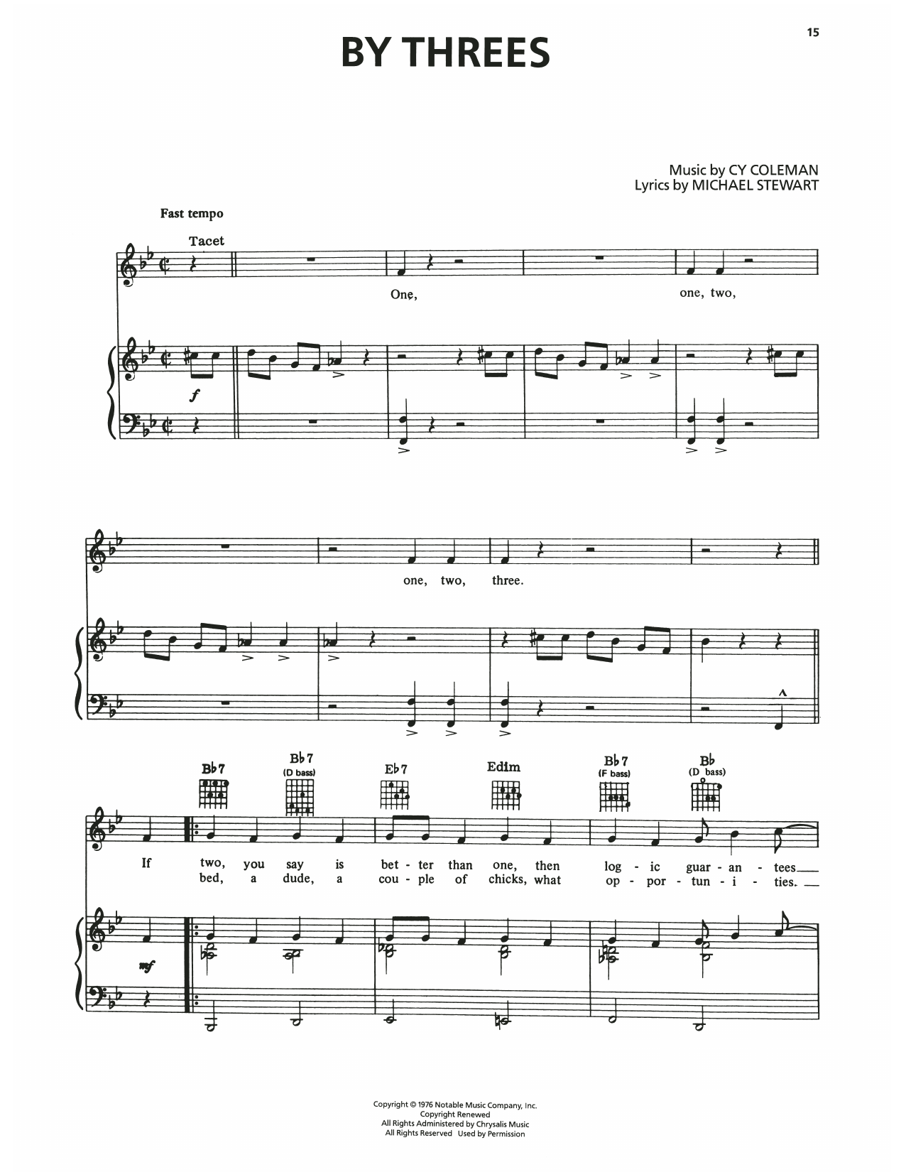 Cy Coleman By Threes (from I Love My Wife) sheet music notes and chords arranged for Piano, Vocal & Guitar Chords (Right-Hand Melody)