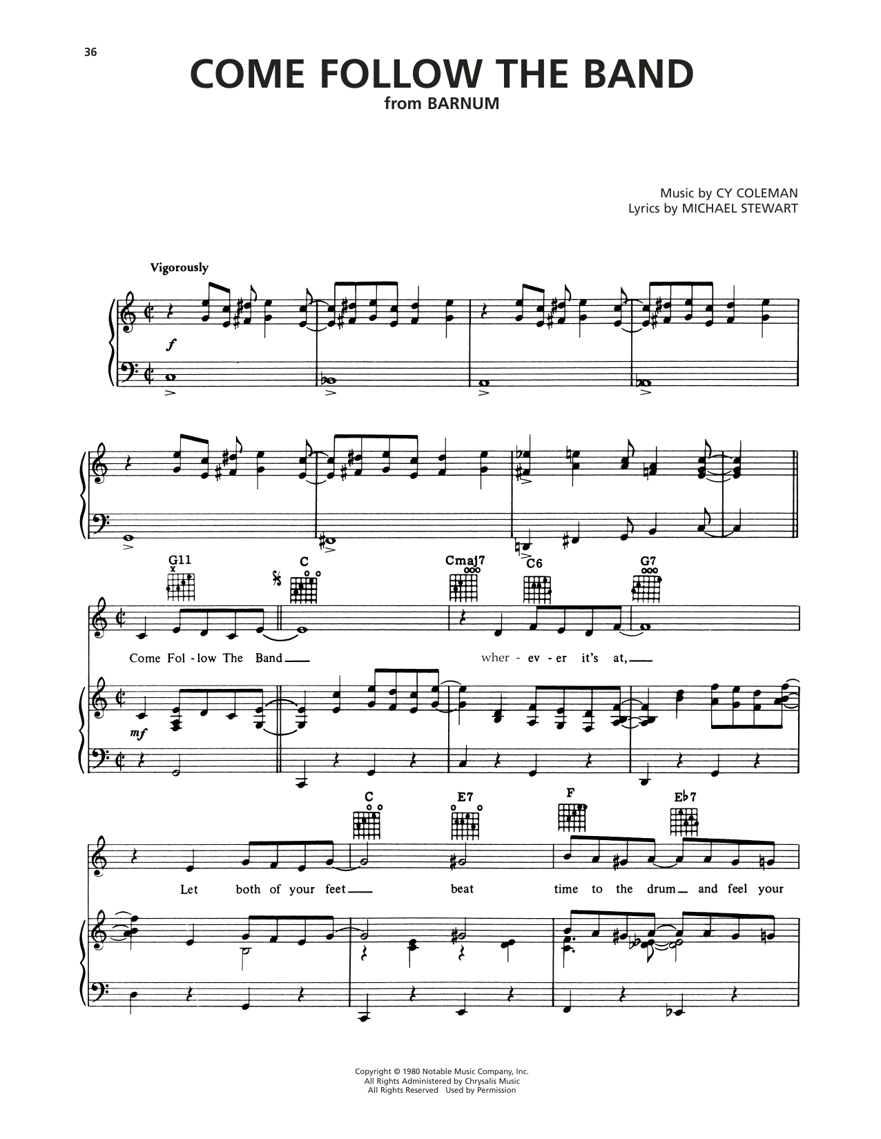 Cy Coleman Come Follow The Band (from Barnum) sheet music notes and chords arranged for Piano, Vocal & Guitar Chords (Right-Hand Melody)