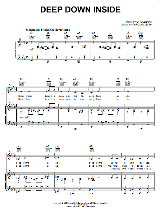Cy Coleman Deep Down Inside sheet music notes and chords arranged for Piano, Vocal & Guitar Chords (Right-Hand Melody)