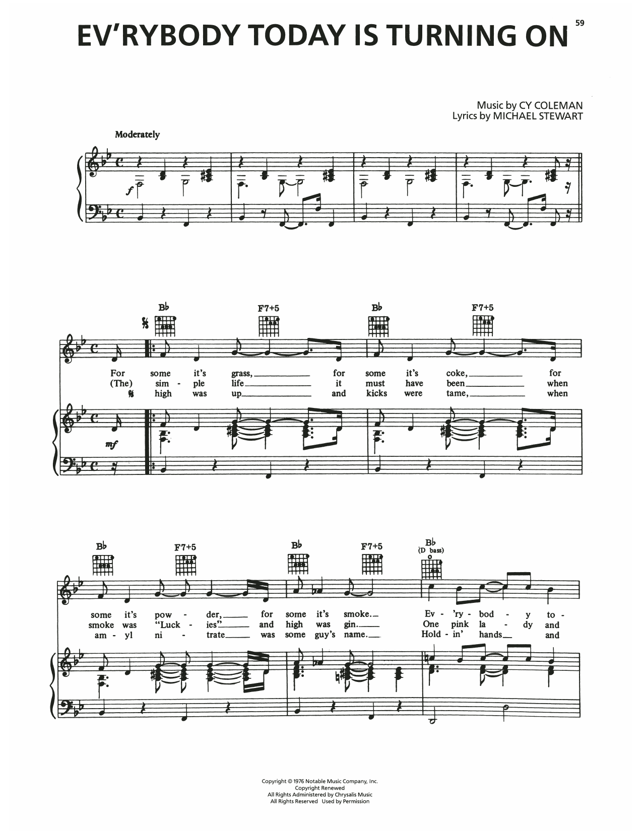 Cy Coleman Ev'rybody Today Is Turning On (from I Love My Wife) sheet music notes and chords arranged for Piano, Vocal & Guitar Chords (Right-Hand Melody)