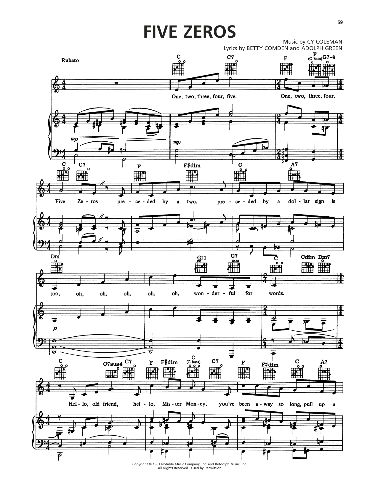 Cy Coleman Five Zeros (from On The Twentieth Century) sheet music notes and chords arranged for Piano, Vocal & Guitar Chords (Right-Hand Melody)