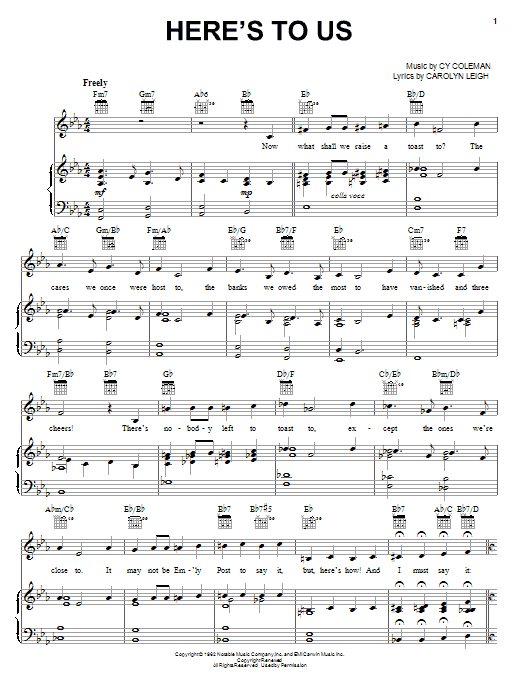 Cy Coleman Here's To Us sheet music notes and chords arranged for Piano, Vocal & Guitar Chords (Right-Hand Melody)