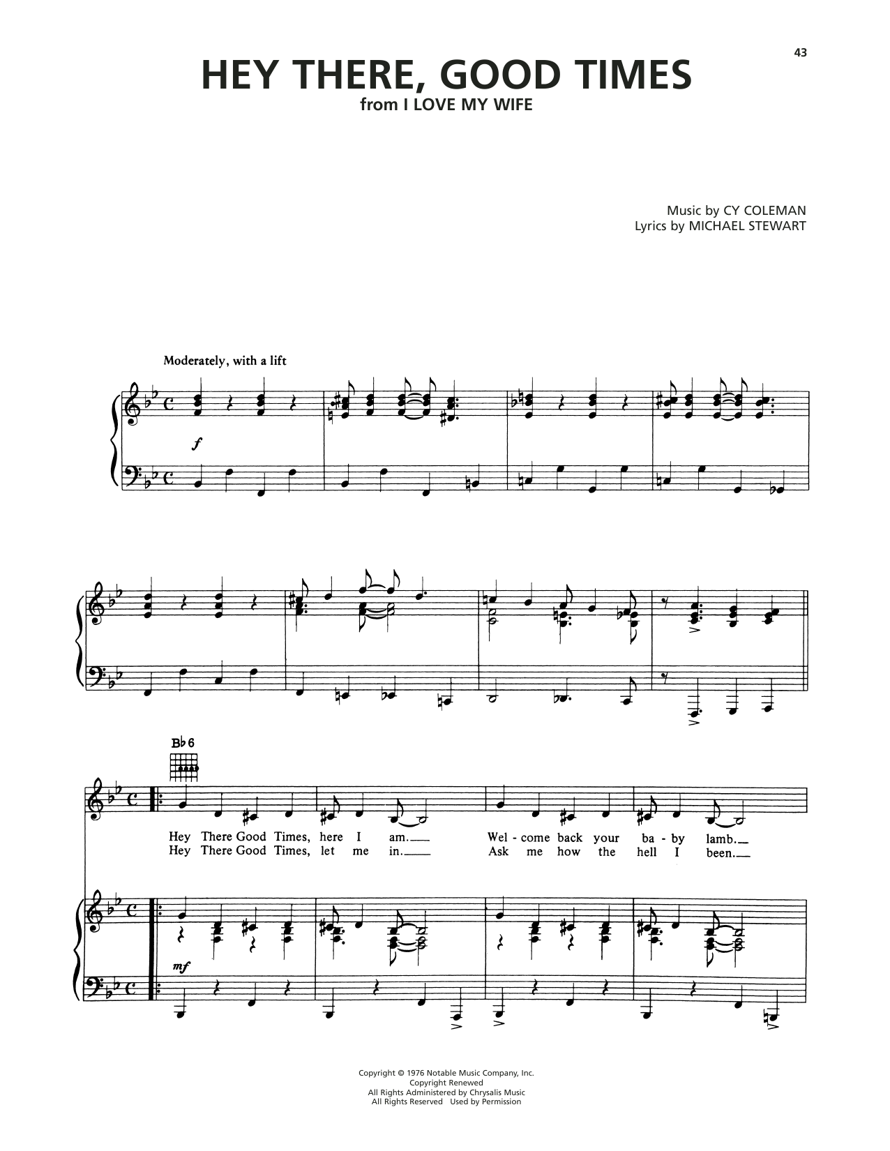 Cy Coleman Hey There, Good Times (from I Love My Wife) sheet music notes and chords arranged for Piano, Vocal & Guitar Chords (Right-Hand Melody)