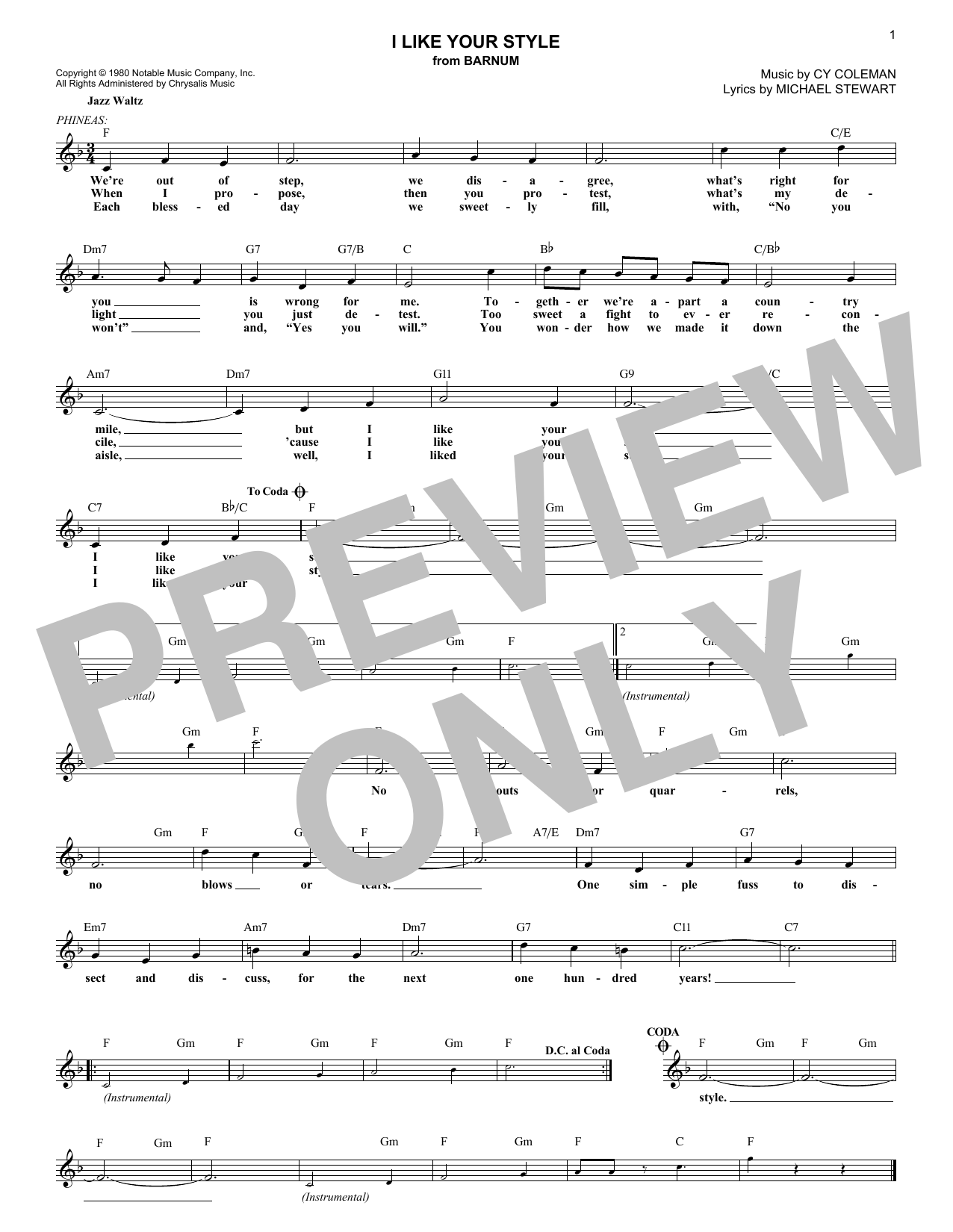 Cy Coleman I Like Your Style sheet music notes and chords arranged for Lead Sheet / Fake Book