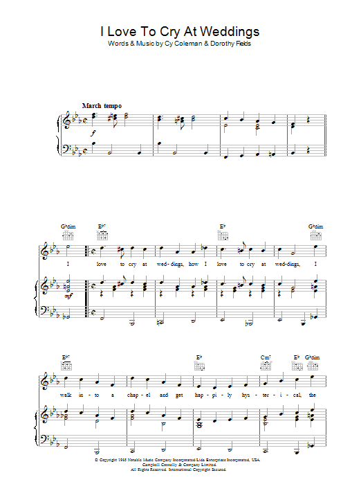 Cy Coleman I Love To Cry At Weddings sheet music notes and chords arranged for Piano, Vocal & Guitar Chords