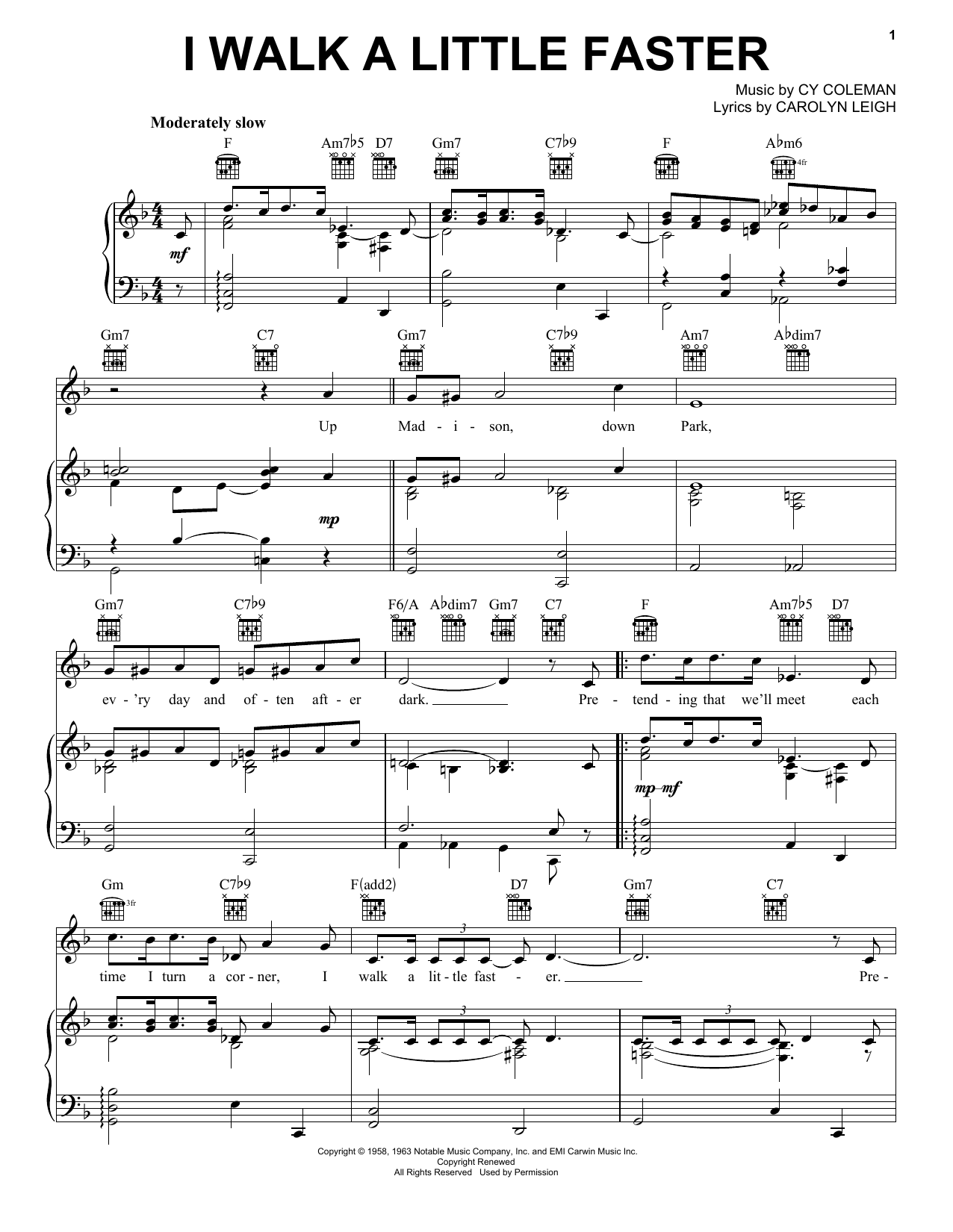 Cy Coleman I Walk A Little Faster sheet music notes and chords arranged for Piano, Vocal & Guitar Chords (Right-Hand Melody)