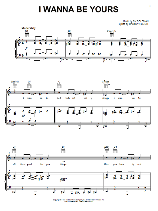 Cy Coleman I Wanna Be Yours sheet music notes and chords arranged for Piano, Vocal & Guitar Chords (Right-Hand Melody)