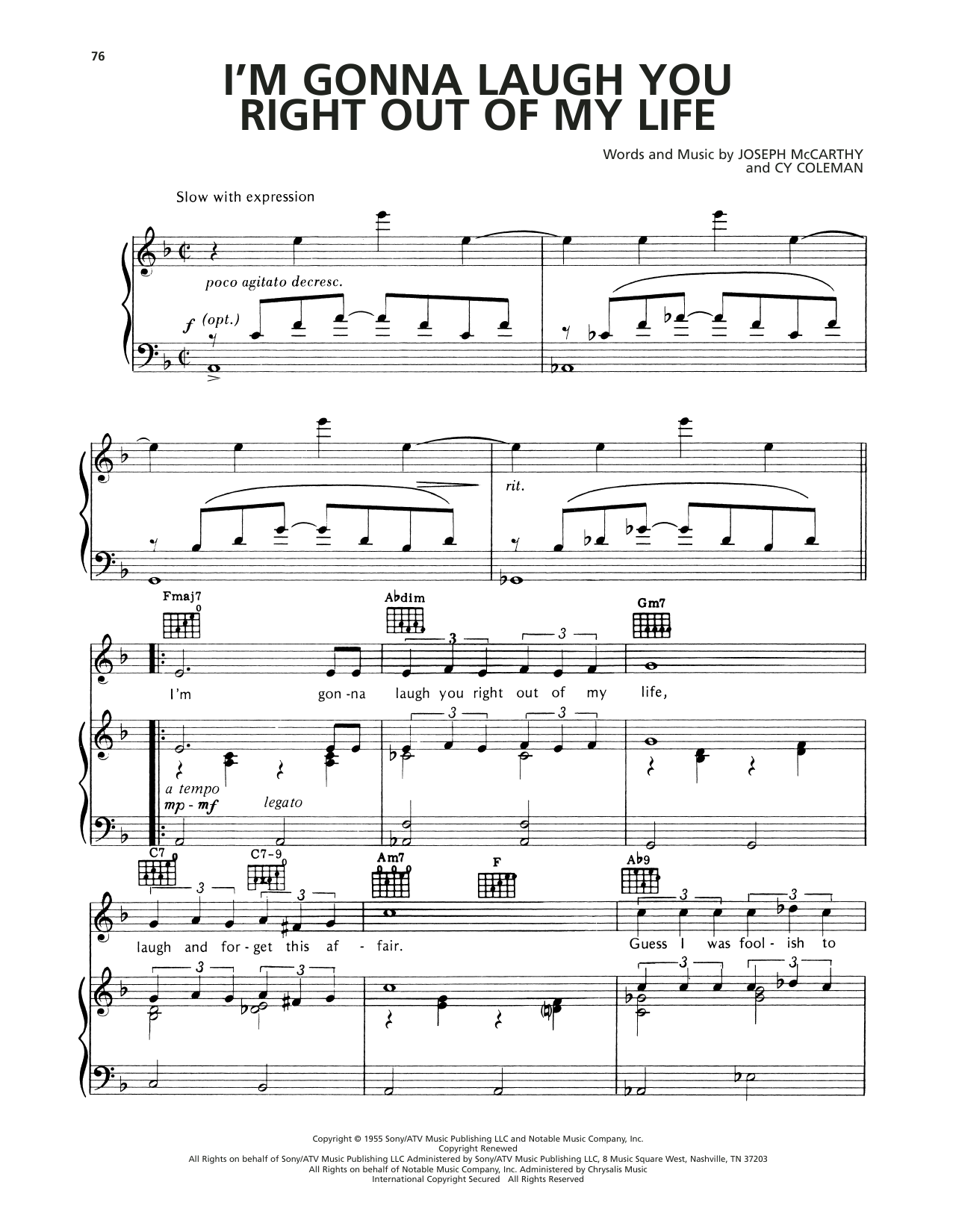 Cy Coleman I'm Gonna Laugh You Right Out Of My Life sheet music notes and chords arranged for Piano, Vocal & Guitar Chords (Right-Hand Melody)