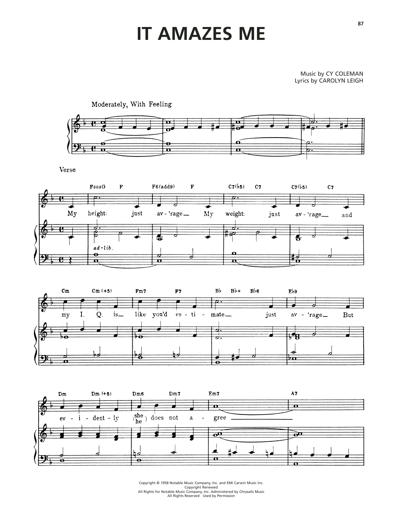Cy Coleman It Amazes Me (from Wildcat) sheet music notes and chords arranged for Piano, Vocal & Guitar Chords (Right-Hand Melody)