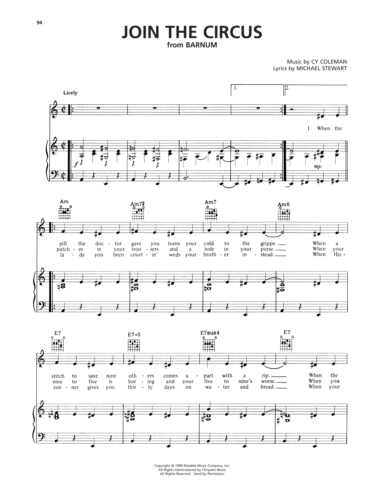 Cy Coleman Join The Circus (from Barnum) sheet music notes and chords arranged for Piano, Vocal & Guitar Chords (Right-Hand Melody)