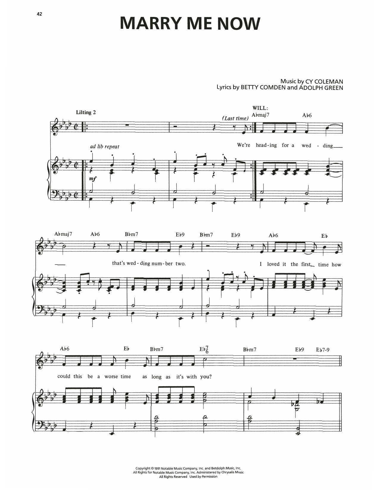 Cy Coleman Marry Me Now (from The Will Rogers Follies) sheet music notes and chords arranged for Piano & Vocal