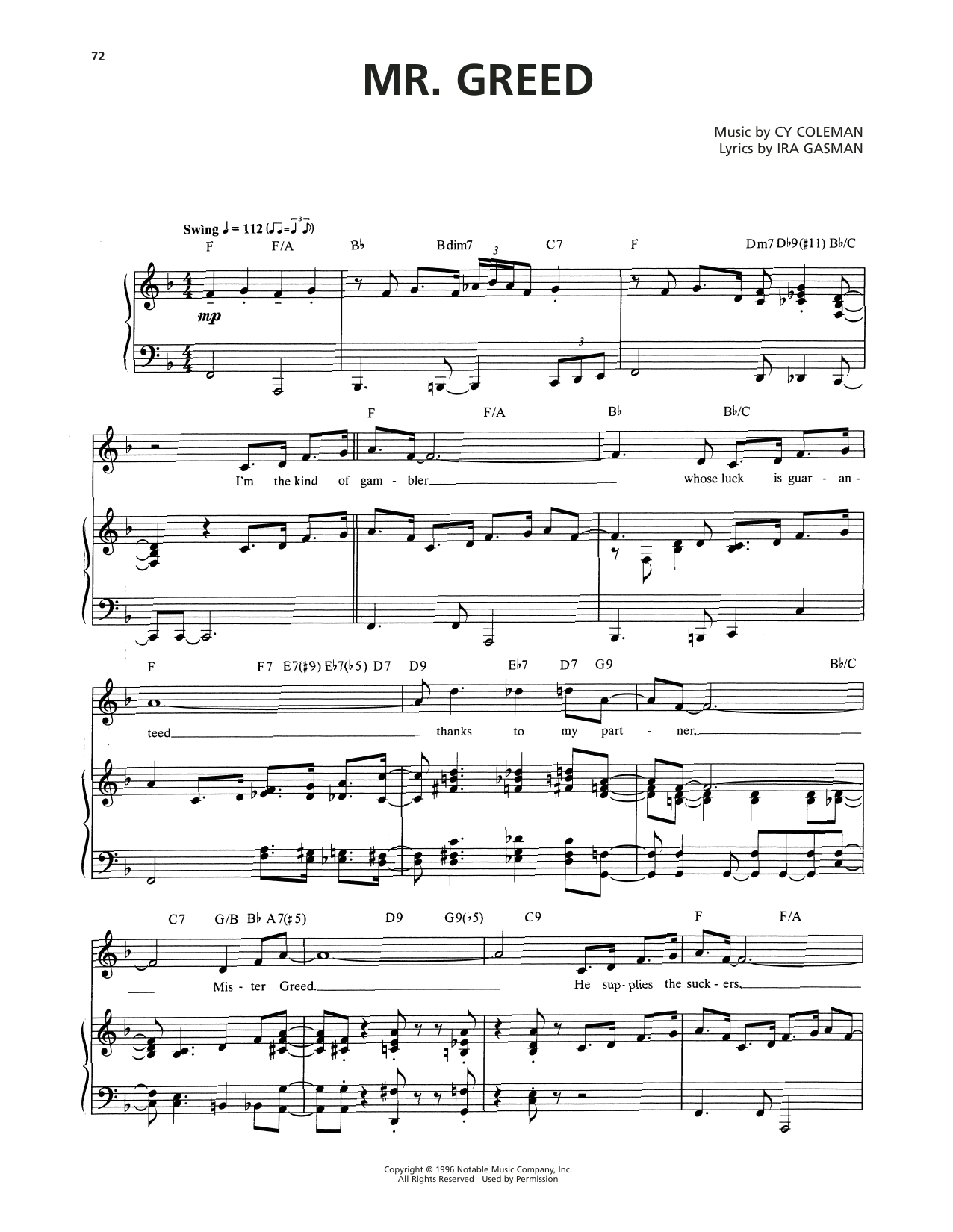 Cy Coleman Mr. Greed (from The Life) sheet music notes and chords arranged for Piano & Vocal