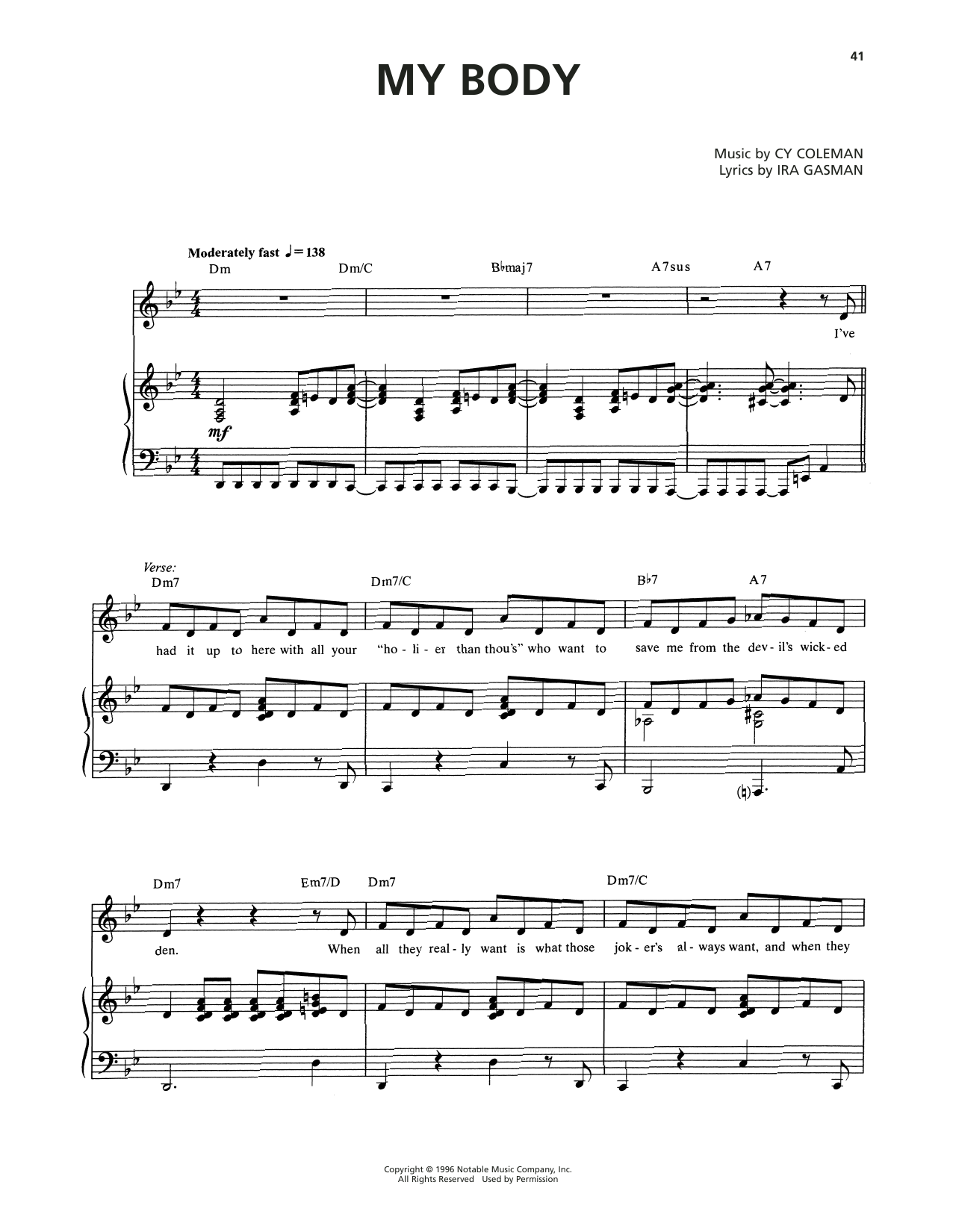 Cy Coleman My Body (from The Life) sheet music notes and chords arranged for Piano & Vocal