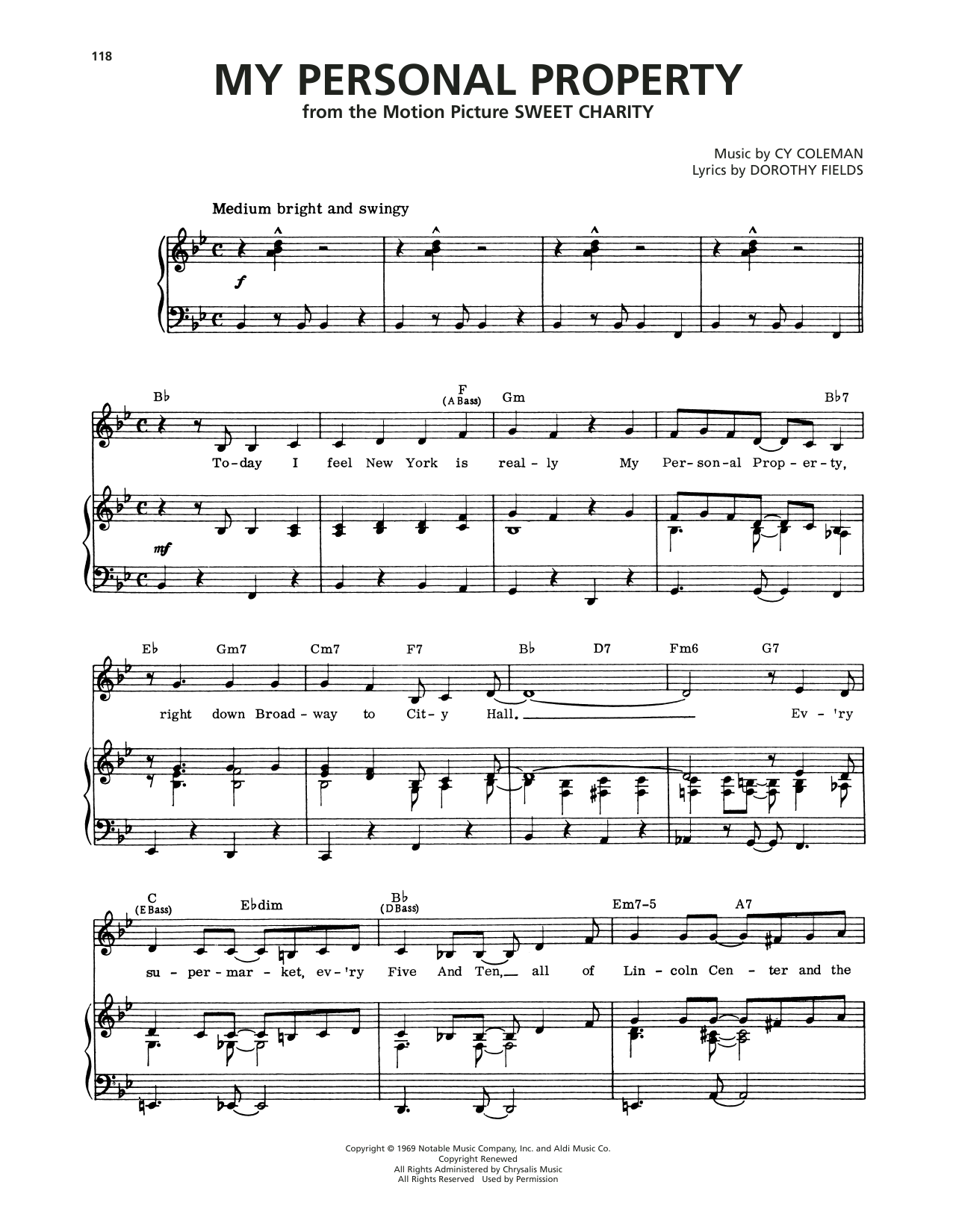 Cy Coleman My Personal Property (from Sweet Charity) sheet music notes and chords arranged for Piano, Vocal & Guitar Chords (Right-Hand Melody)