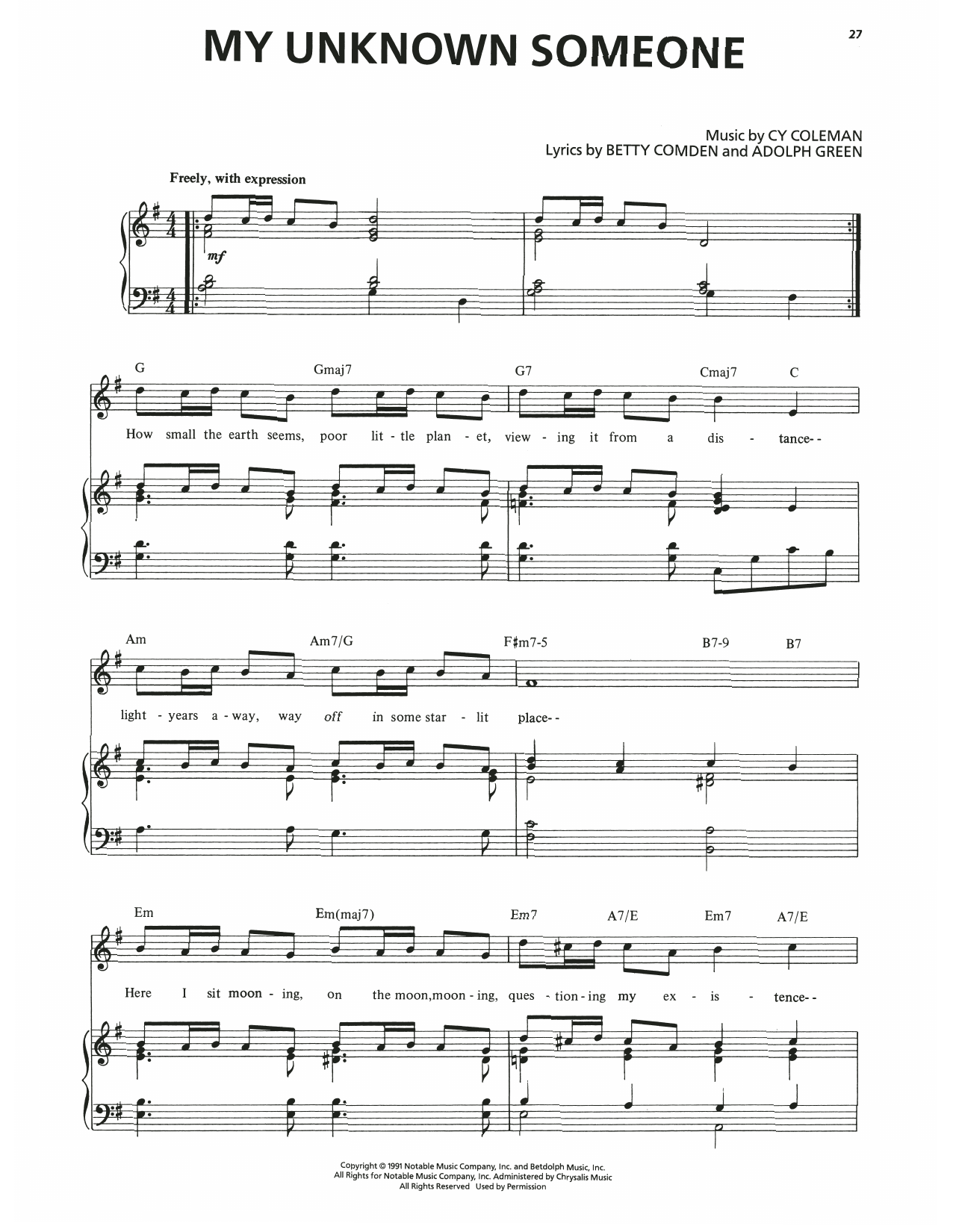 Cy Coleman My Unknown Someone (from The Will Rogers Follies) sheet music notes and chords arranged for Piano & Vocal