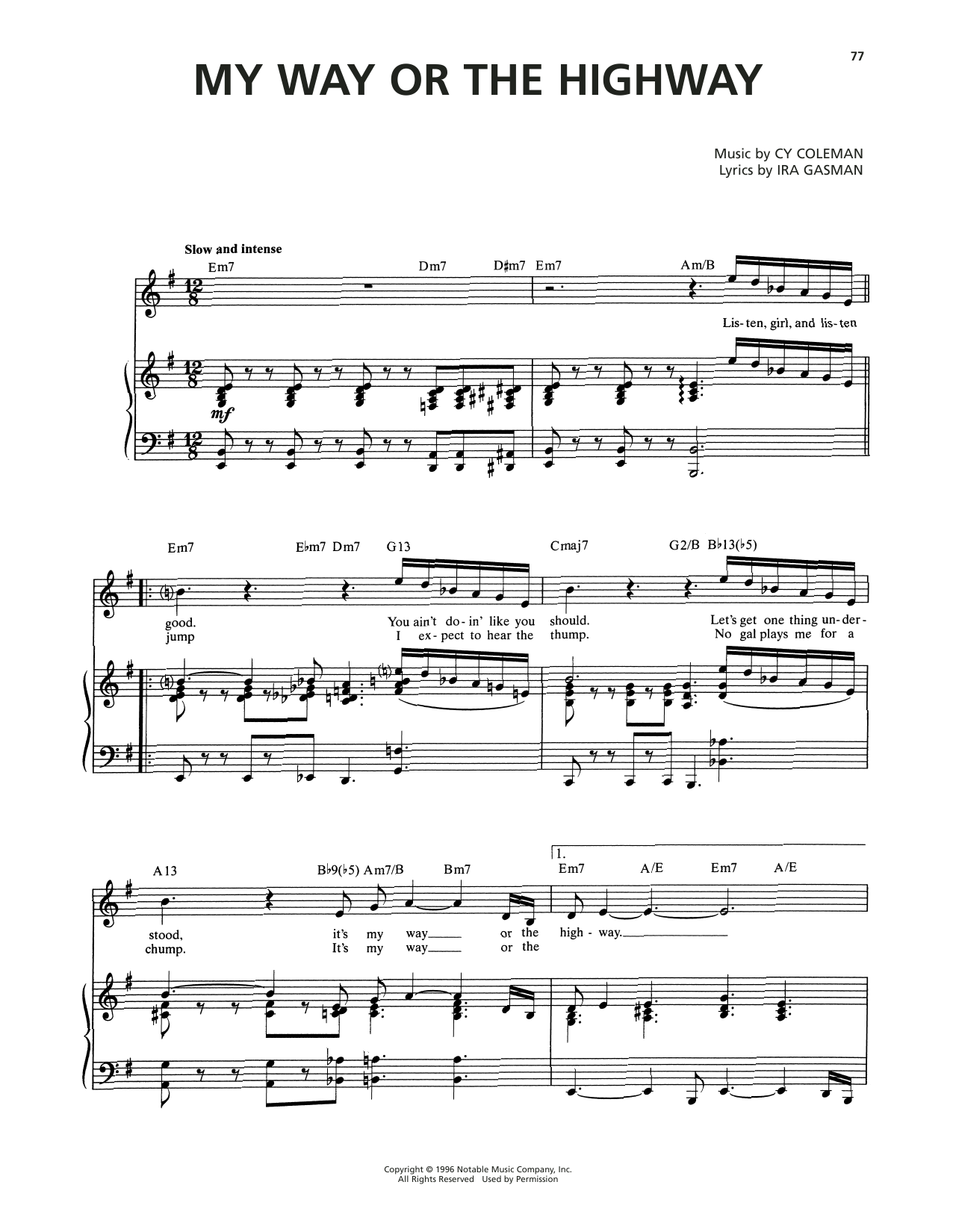 Cy Coleman My Way Or The Highway (from The Life) sheet music notes and chords arranged for Piano & Vocal