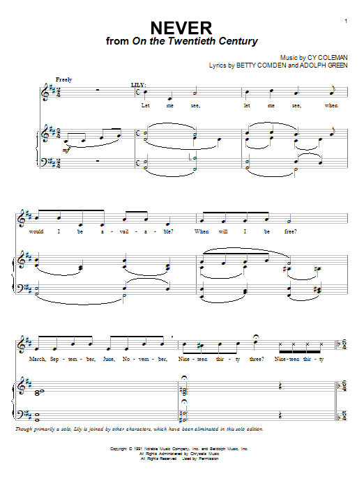 Cy Coleman Never (from On The Twentieth Century) sheet music notes and chords arranged for Piano & Vocal